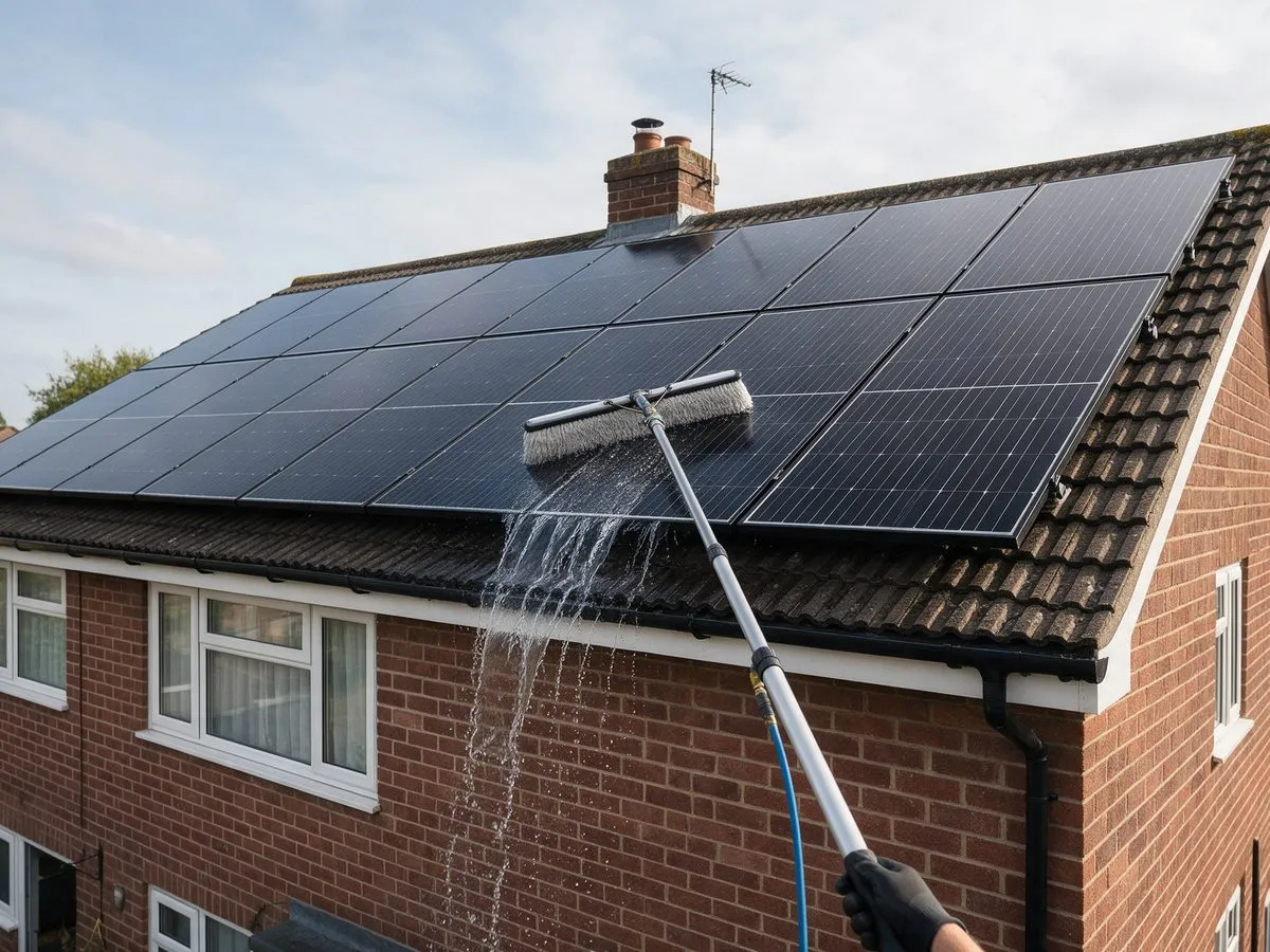 Solar panel cleaning with a soft brush and pure water fed up a pole on a tiled house roof